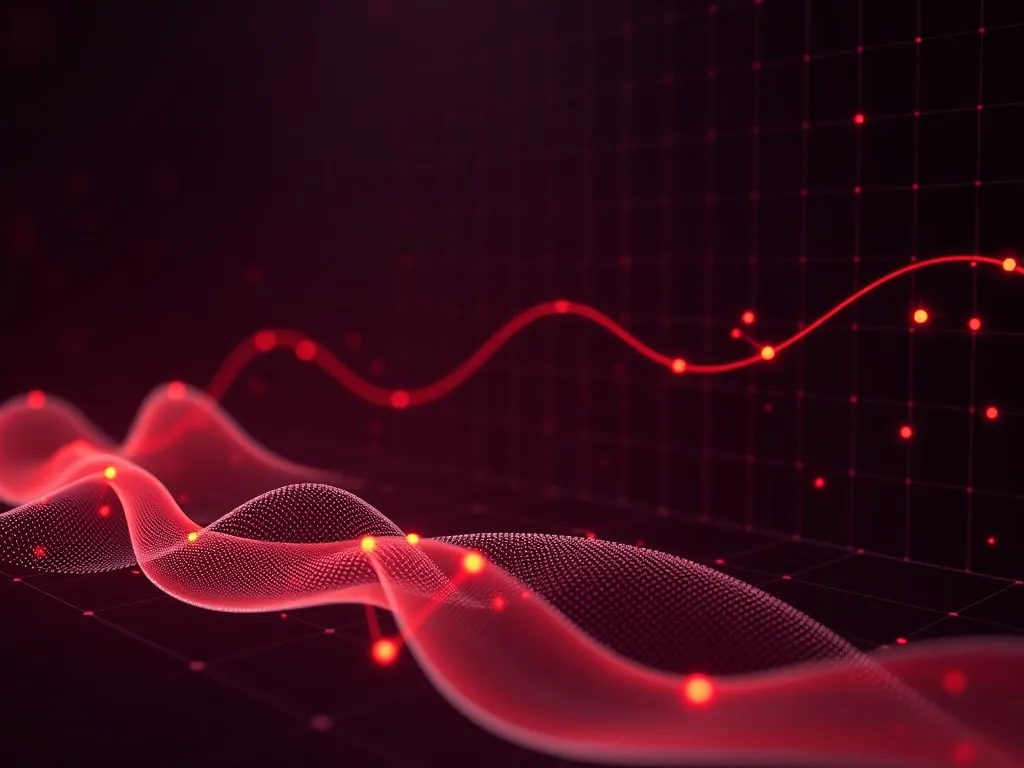 A minimalist 3D data visualization showing glowing lines and