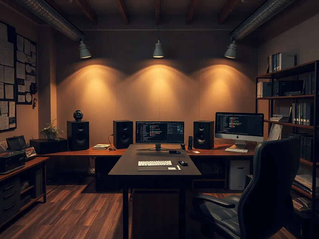 A minimalist, high-tech workspace with dark wood desk, focus