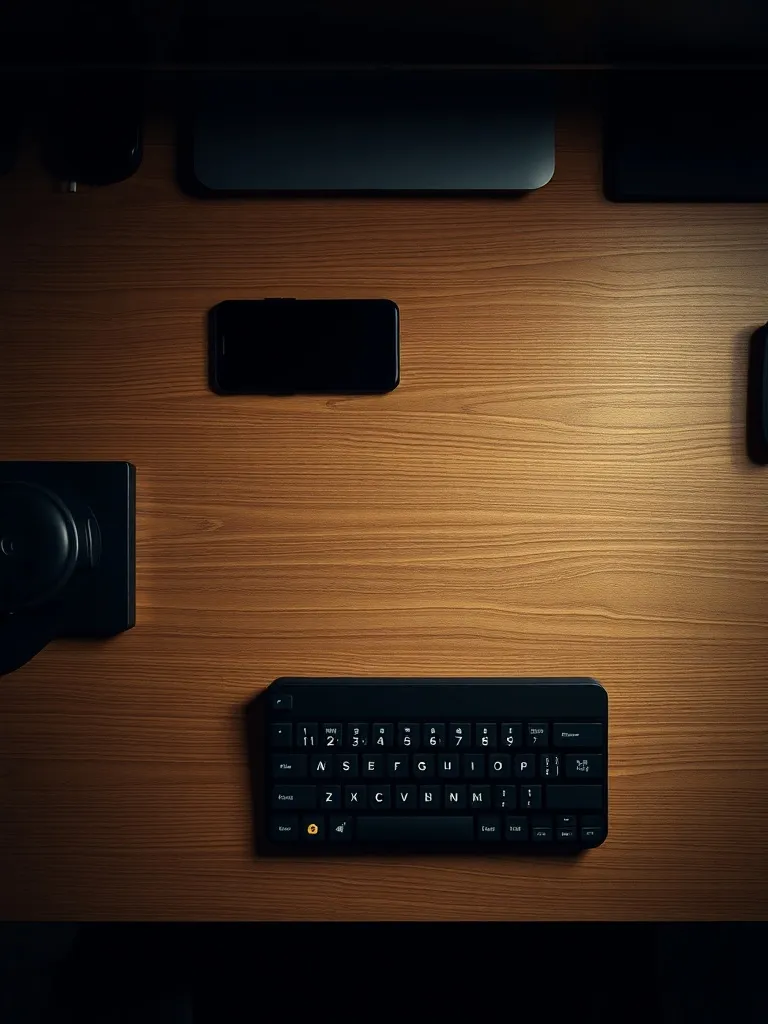A high-angle top-down shot of a clean, minimalist wooden des